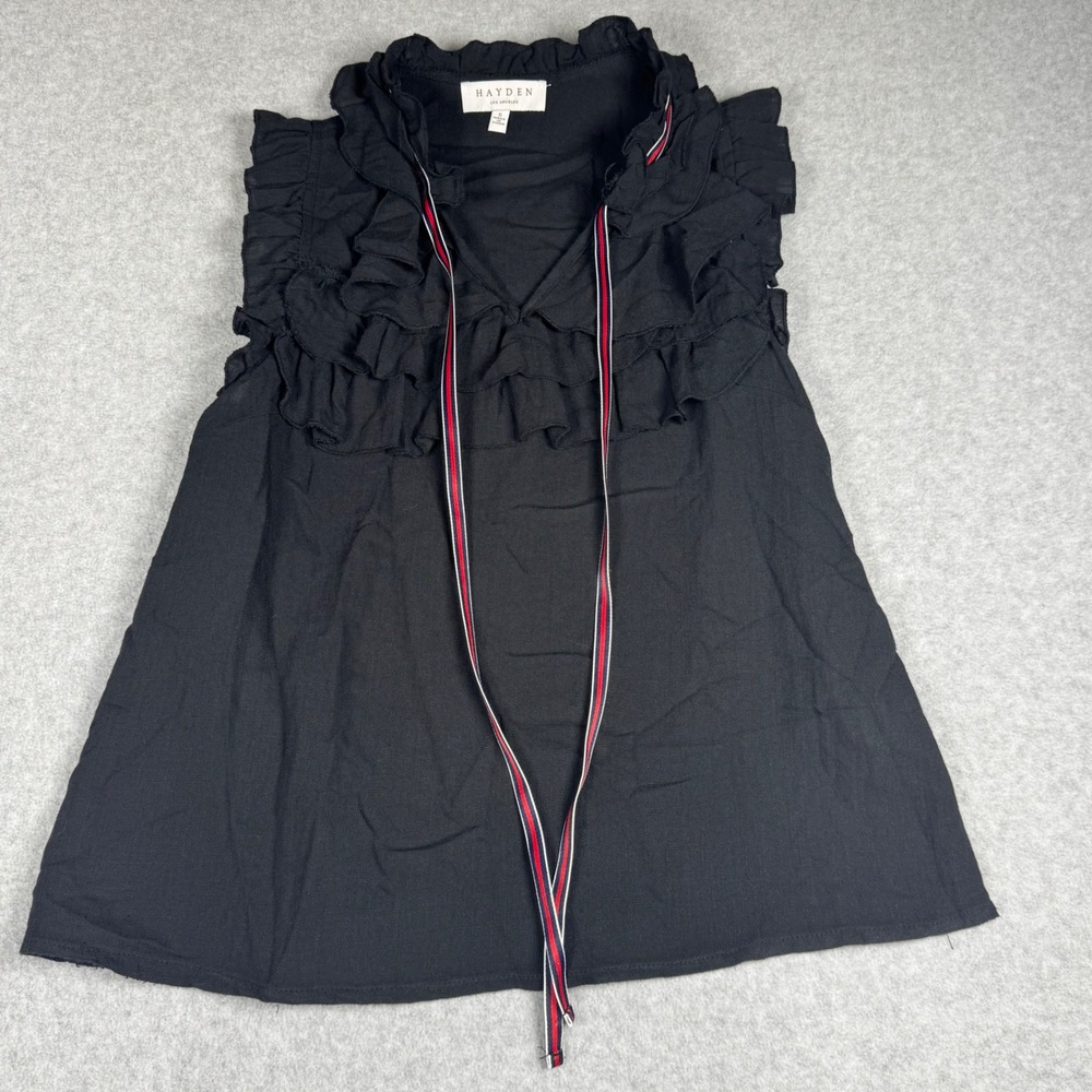 Hayden Los Angeles Black Ruffle Sleeveless Blouse Striped Tie V-Neck H6760 Small